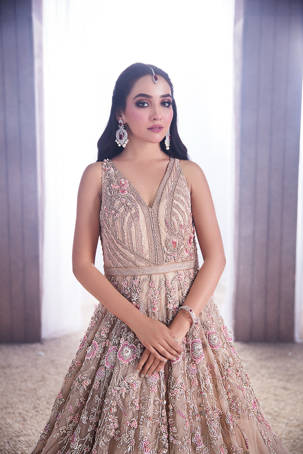 Pakistani Blush Pink Embellished Tulle Organza Bridal Maxi (1-Pc) - Image 2