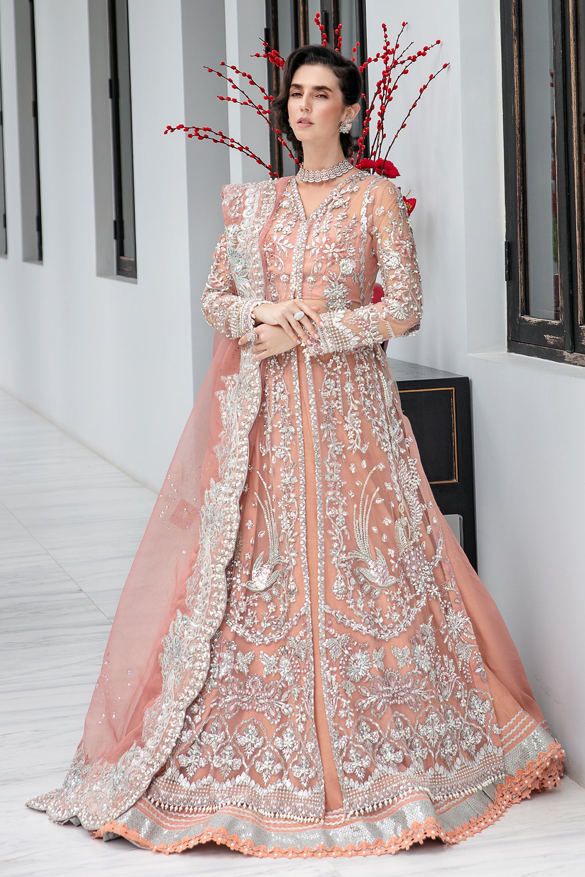 Pakistani Pastel Peach Pink Tilla Embroidered Tulle Bridal Gown (2-Piece) - Image 1
