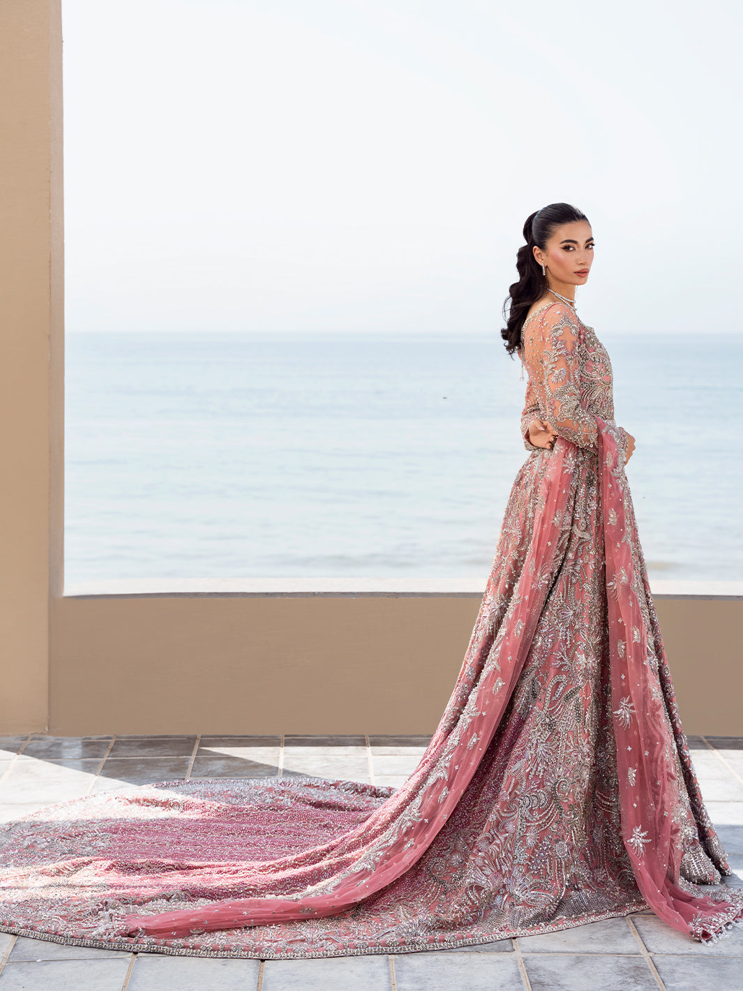 Pakistani Blush Pink Embellished Tulle Maxi Dress (2-Piece) - Image 10