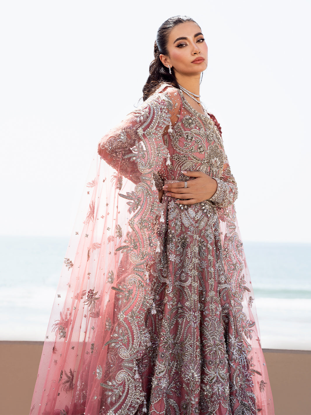 Pakistani Blush Pink Embellished Tulle Maxi Dress (2-Piece) - Image 11