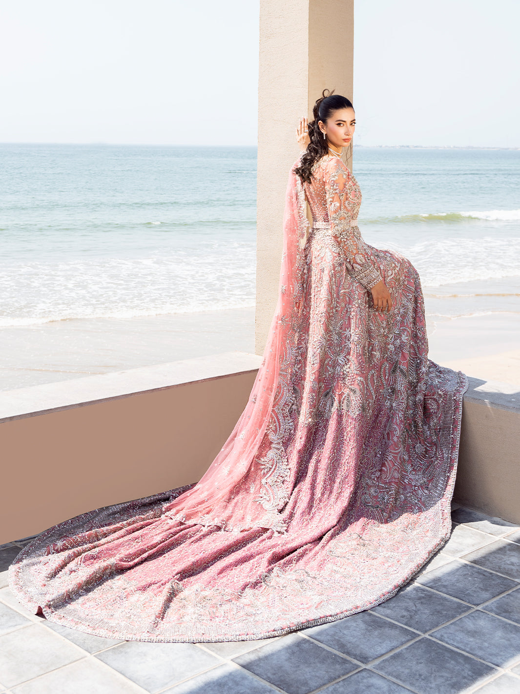 Pakistani Blush Pink Embellished Tulle Maxi Dress (2-Piece) - Image 12