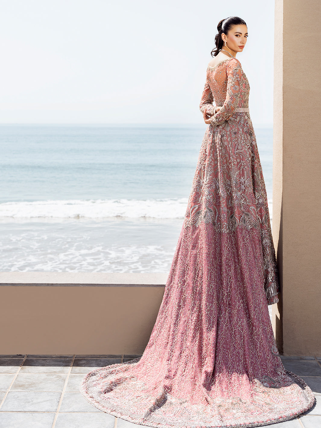 Pakistani Blush Pink Embellished Tulle Maxi Dress (2-Piece) - Image 5