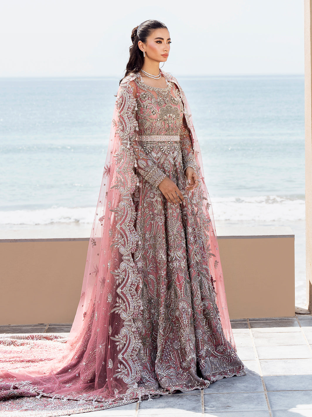 Pakistani Blush Pink Embellished Tulle Maxi Dress (2-Piece) - Image 6