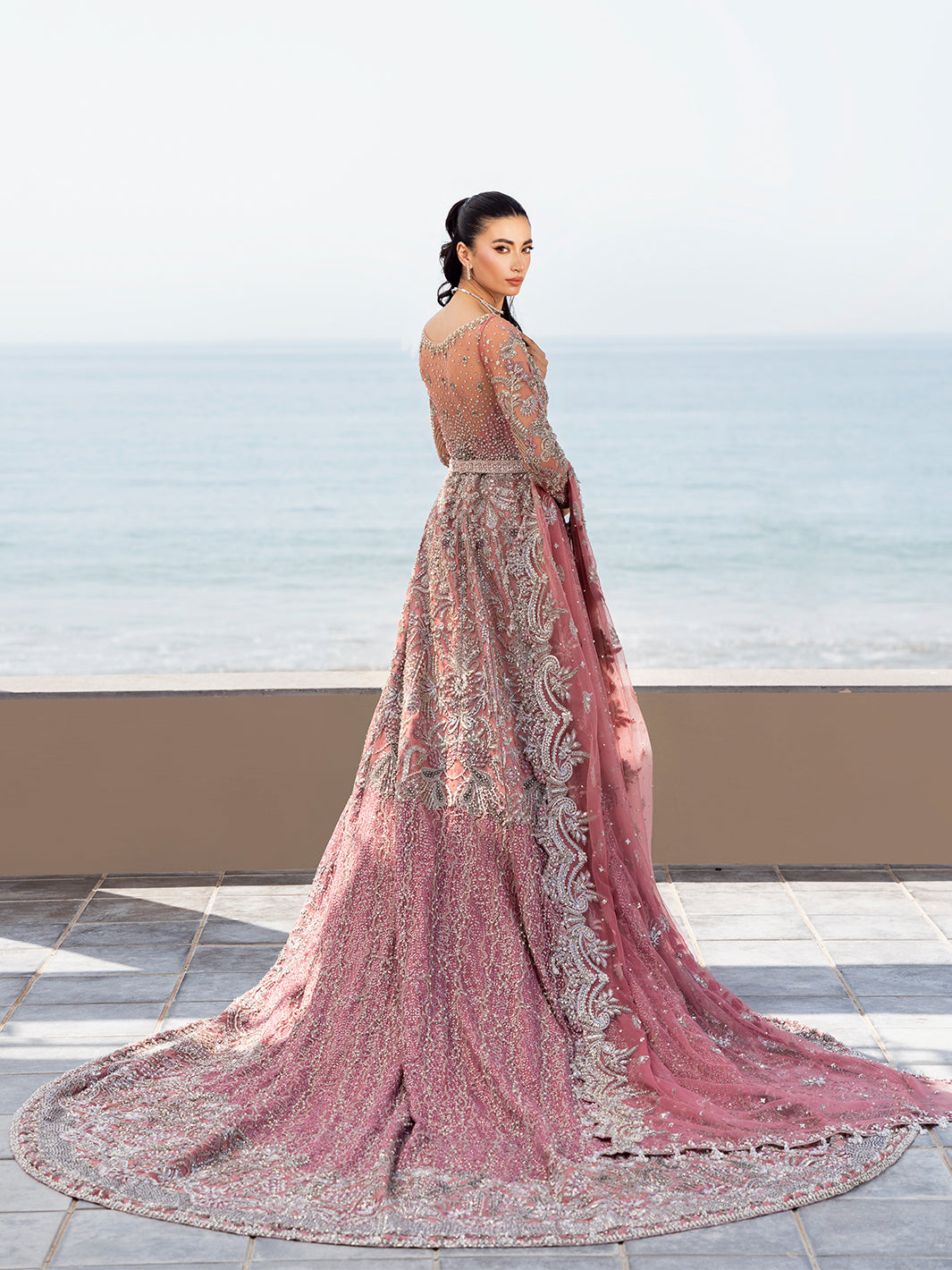 Pakistani Blush Pink Embellished Tulle Maxi Dress (2-Piece) - Image 9