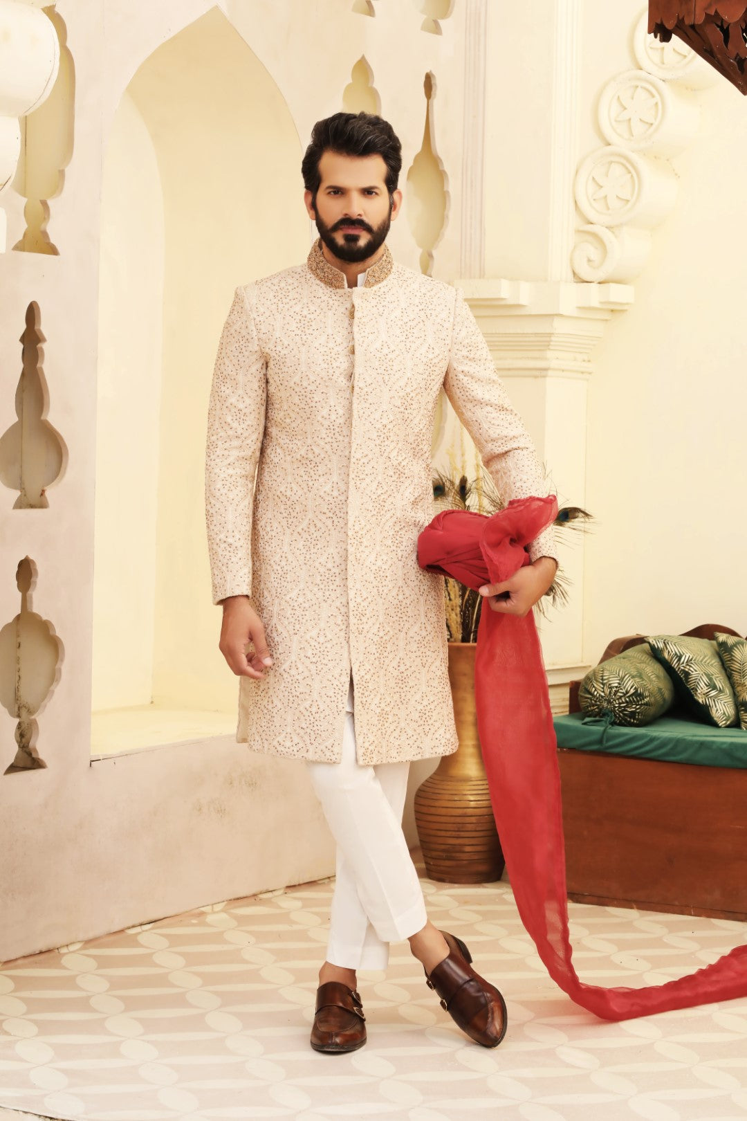 Peach Ada Work Embroidered Sherwani (3-Piece) - Image 1