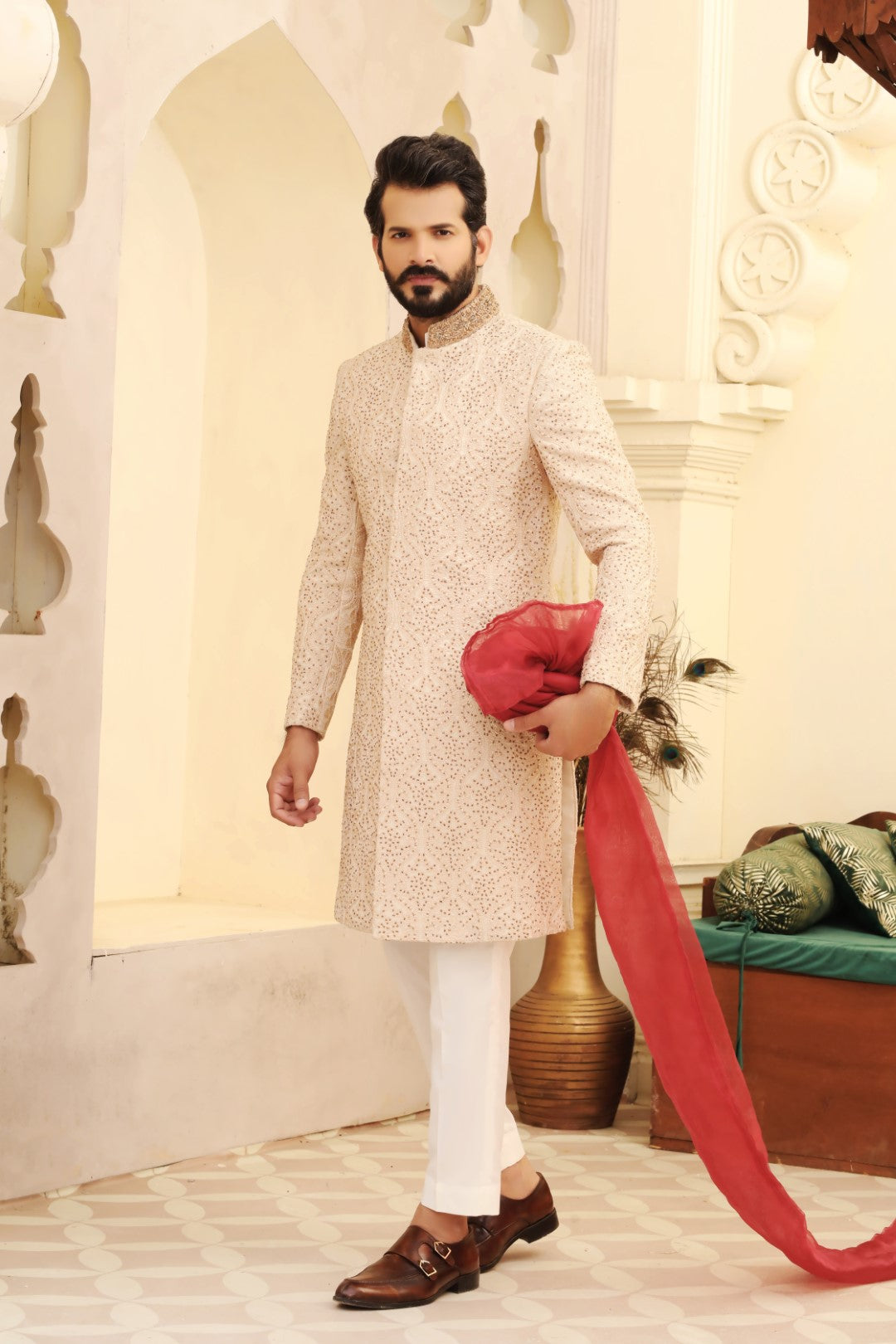 Peach Ada Work Embroidered Sherwani (3-Piece) - Image 4