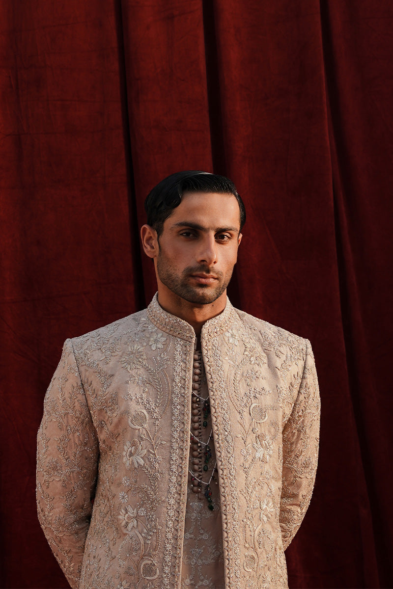 Champagne Pink Tilla Sequin Jacquard Sherwani (3-Piece) - Image 2