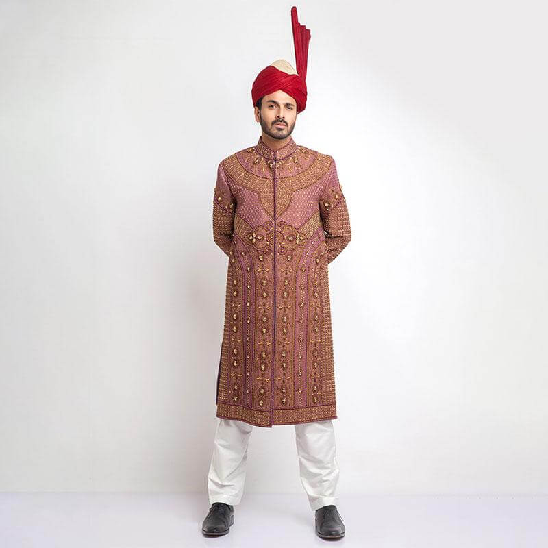 Pink and Copper Zardozi Jamavar Silk Sherwani (3-Piece) - Image 1