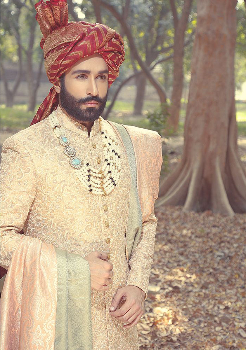 Peach Gold Embroidered Jamawar Silk Sherwani (3-Piece) - Image 1