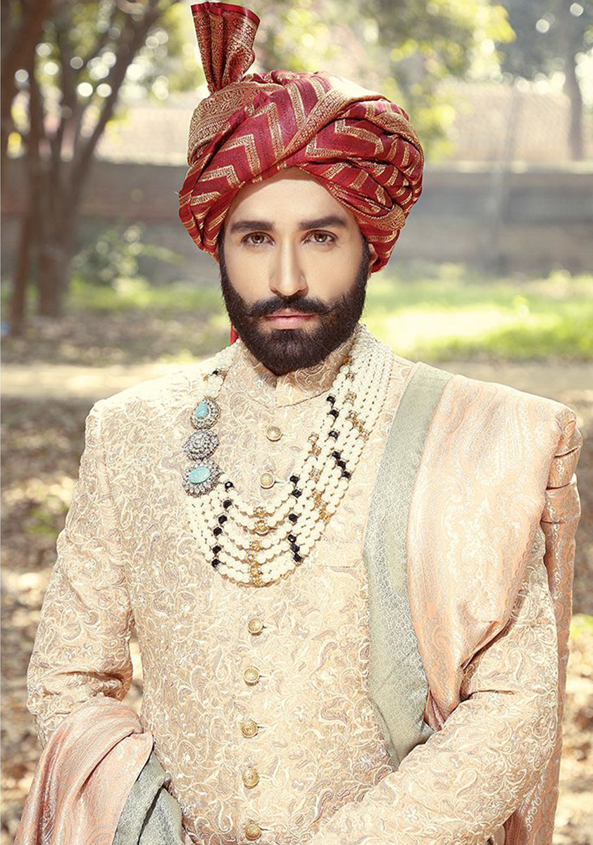 Peach Gold Embroidered Jamawar Silk Sherwani (3-Piece) - Image 2