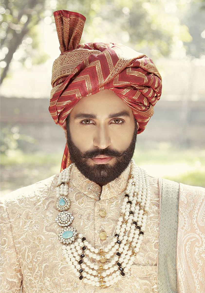 Peach Gold Embroidered Jamawar Silk Sherwani (3-Piece) - Image 3