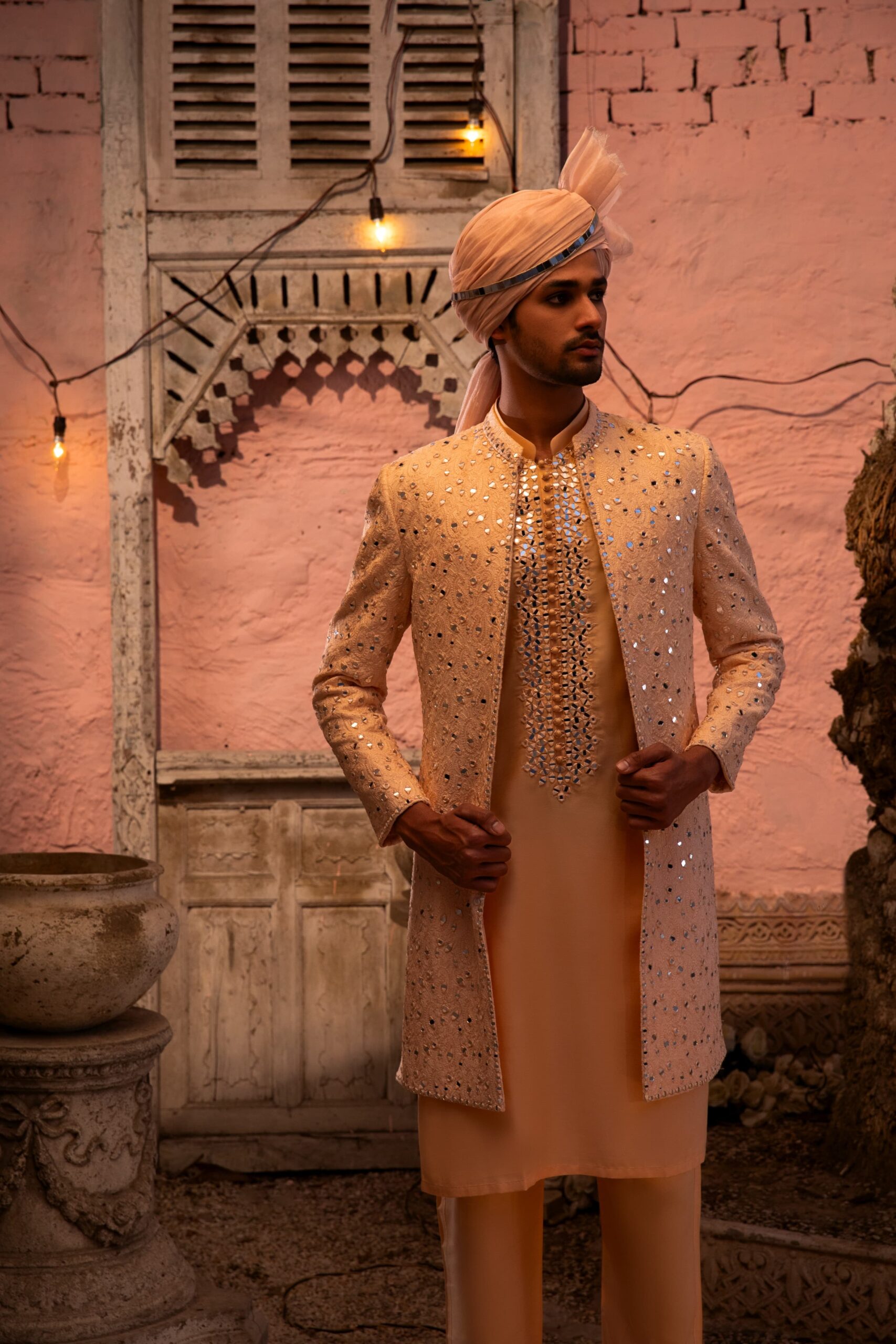 Peach Mirror Work Raw Silk Groom Sherwani (3-Piece) - Image 1