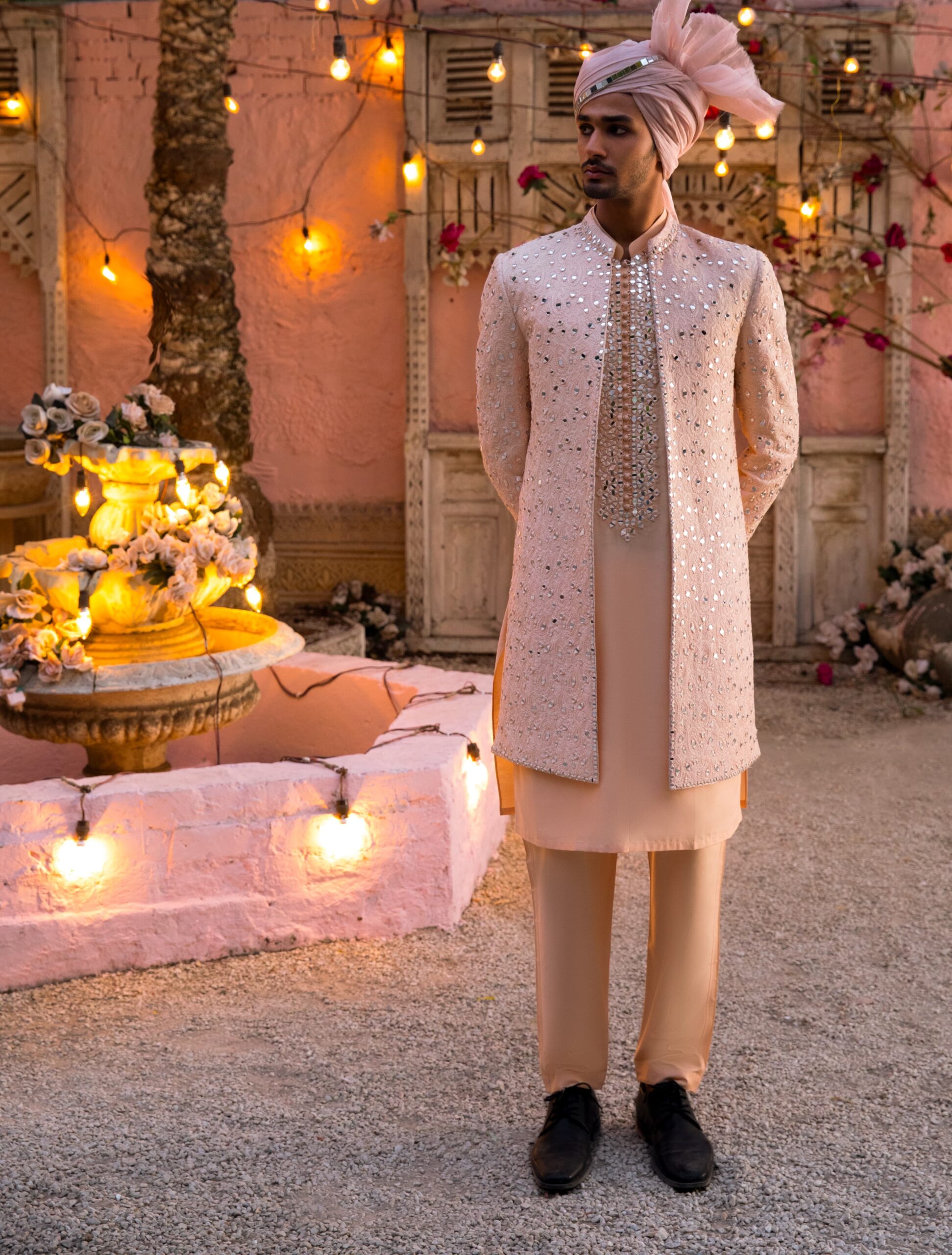 Peach Mirror Work Raw Silk Groom Sherwani (3-Piece) - Image 2
