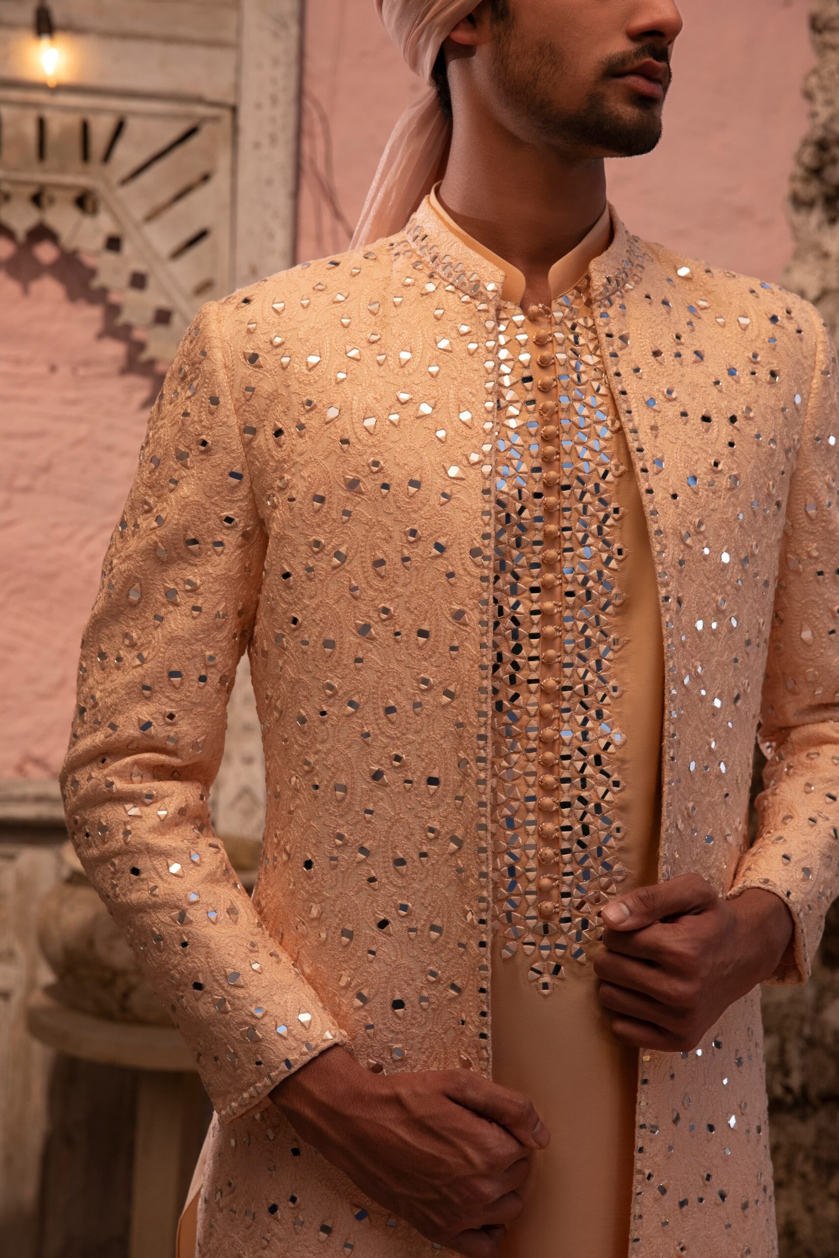 Peach Mirror Work Raw Silk Groom Sherwani (3-Piece) - Image 3