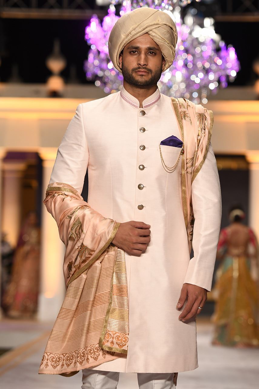 Light Pink Hand Screen Printed Raw Silk Sherwani (3-Piece) - Image 1