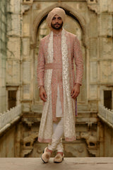 Pink Salmon Embroidered Raw Silk Sherwani (4-Piece) - Image 2
