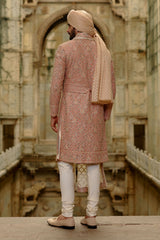 Pink Salmon Embroidered Raw Silk Sherwani (4-Piece) - Image 3