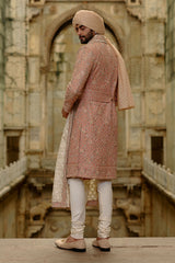 Pink Salmon Embroidered Raw Silk Sherwani (4-Piece) - Image 4