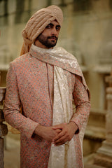 Pink Salmon Embroidered Raw Silk Sherwani (4-Piece) - Image 5