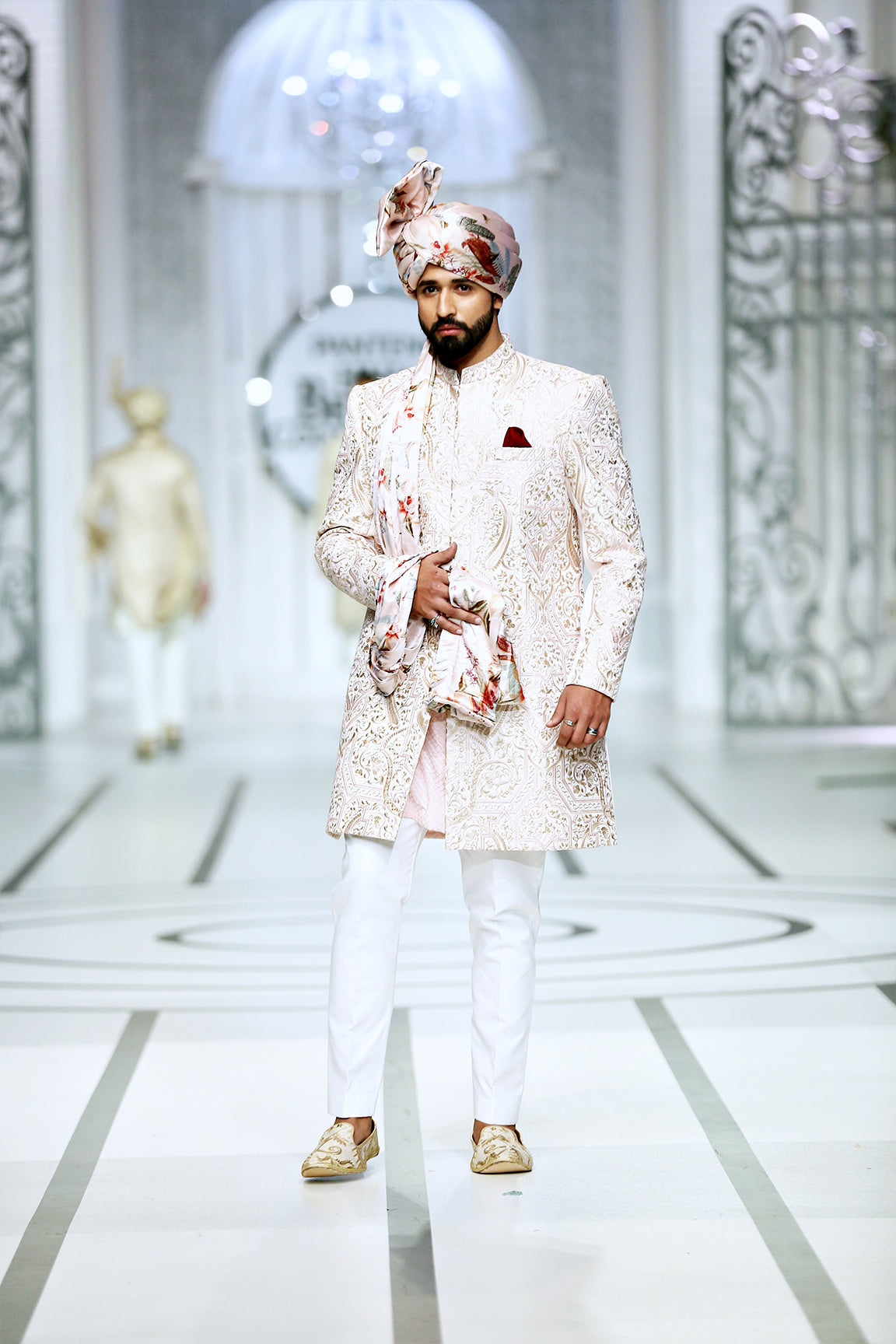Pastel Pink Embroidered Silk-Blend Groom Sherwani (3-Piece) - Image 1