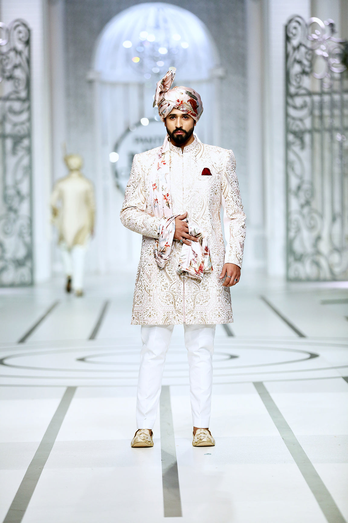 Pastel Pink Embroidered Silk-Blend Groom Sherwani (3-Piece) - Image 2