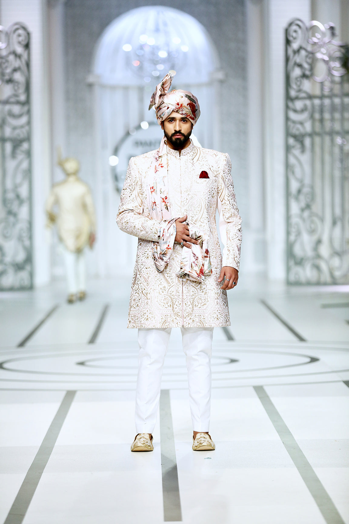 Pastel Pink Embroidered Silk-Blend Groom Sherwani (3-Piece) - Image 3