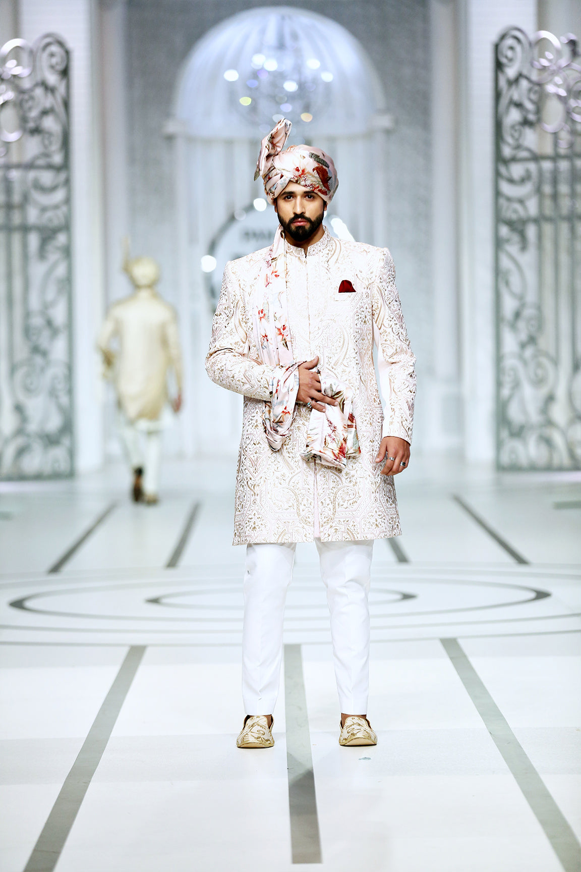 Pastel Pink Embroidered Silk-Blend Groom Sherwani (3-Piece) - Image 4