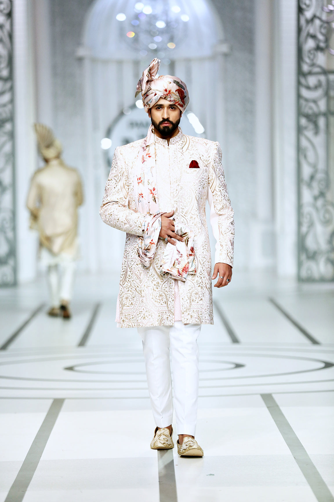 Pastel Pink Embroidered Silk-Blend Groom Sherwani (3-Piece) - Image 5