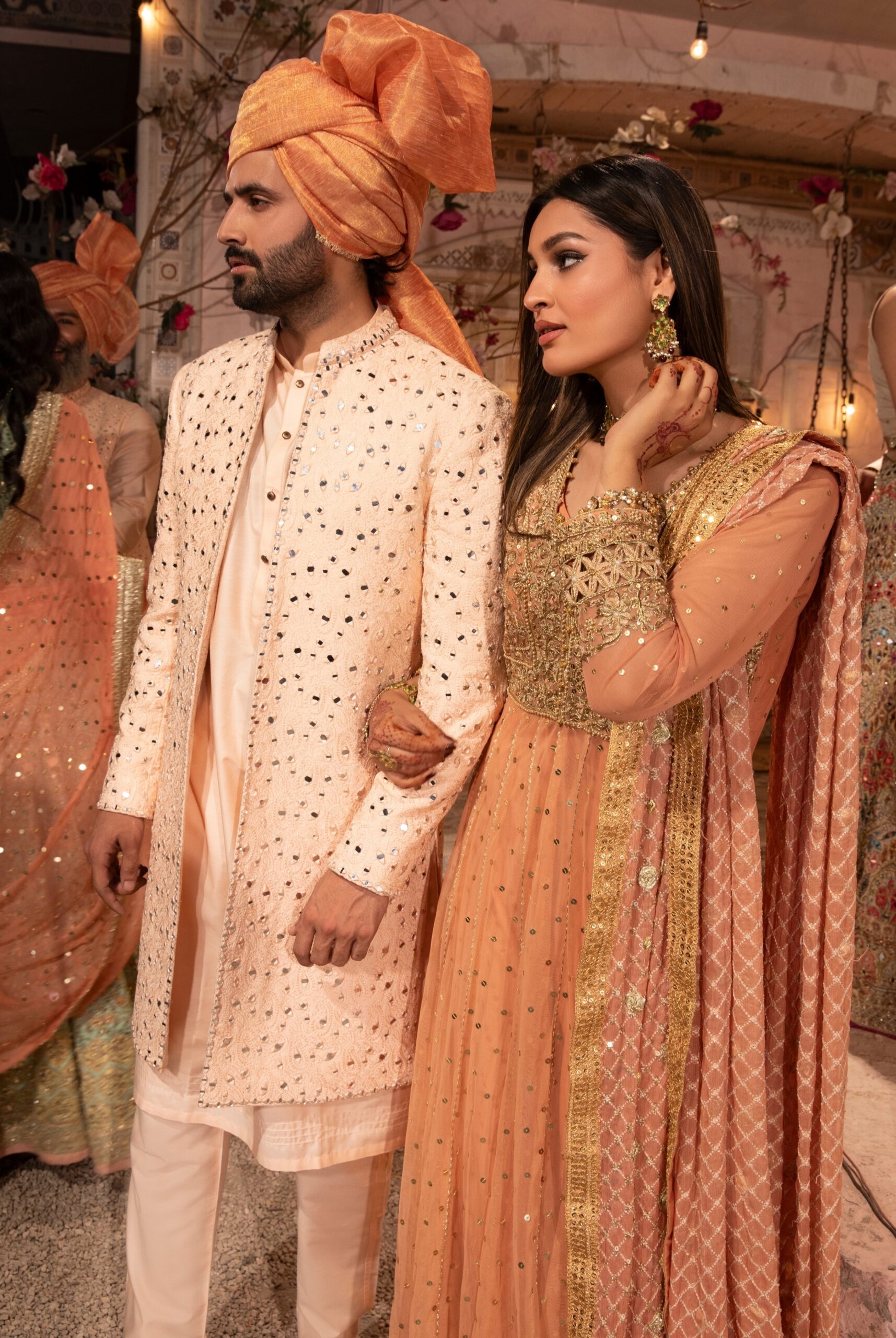 Coral Mirror Embroidered Silk-Blend Groom Sherwani (3-Piece) - Image 1