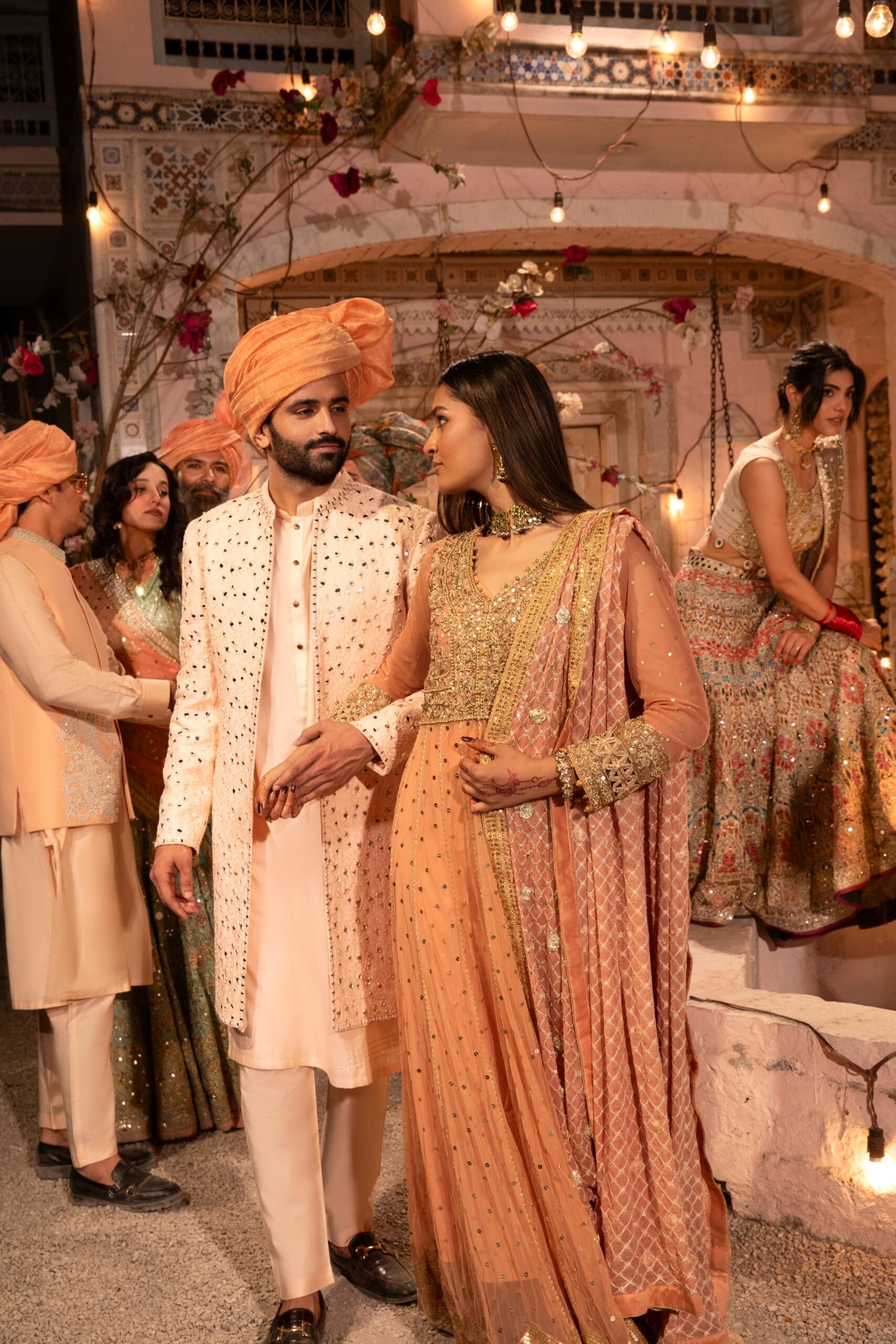 Coral Mirror Embroidered Silk-Blend Groom Sherwani (3-Piece) - Image 2