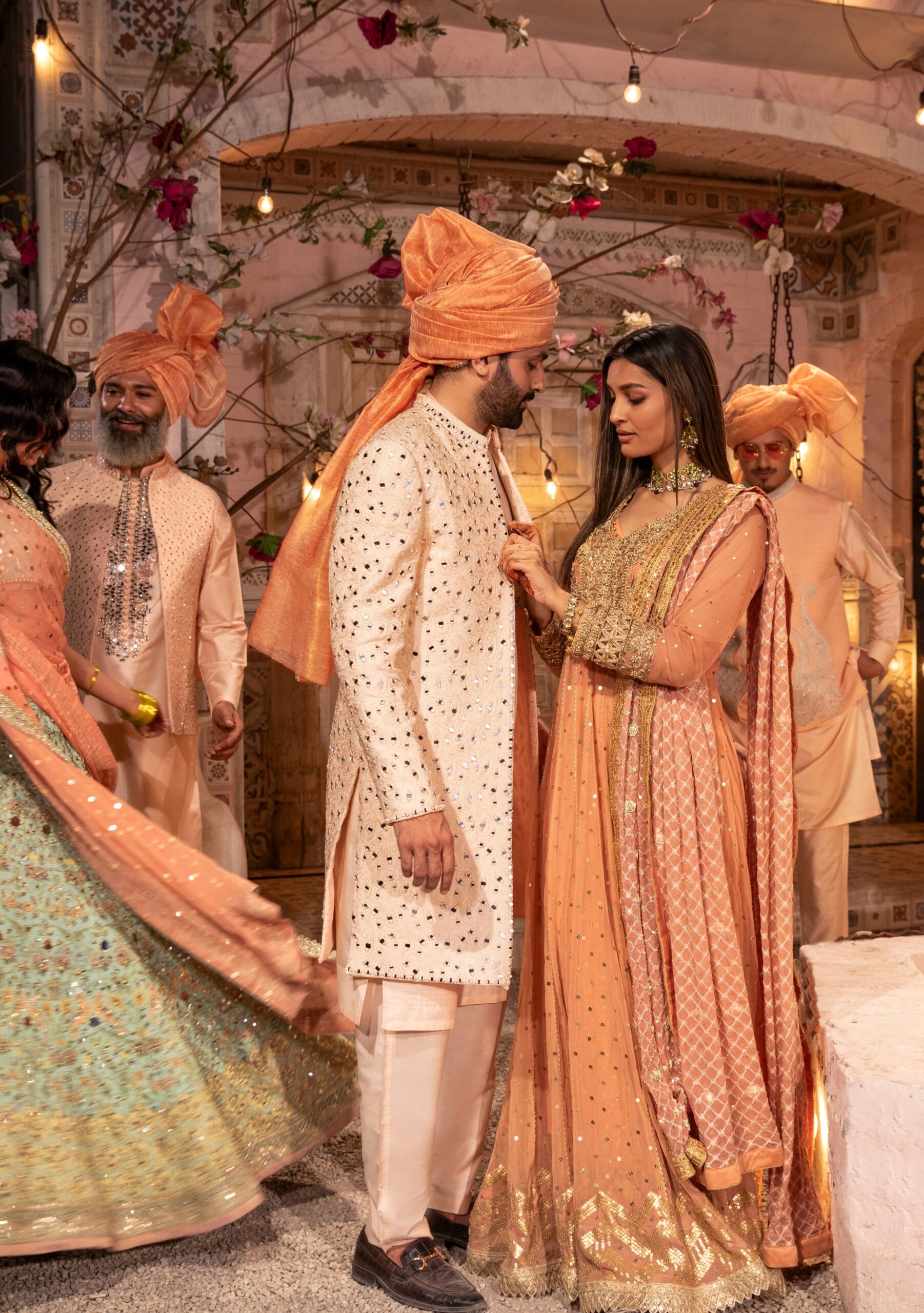 Coral Mirror Embroidered Silk-Blend Groom Sherwani (3-Piece) - Image 3