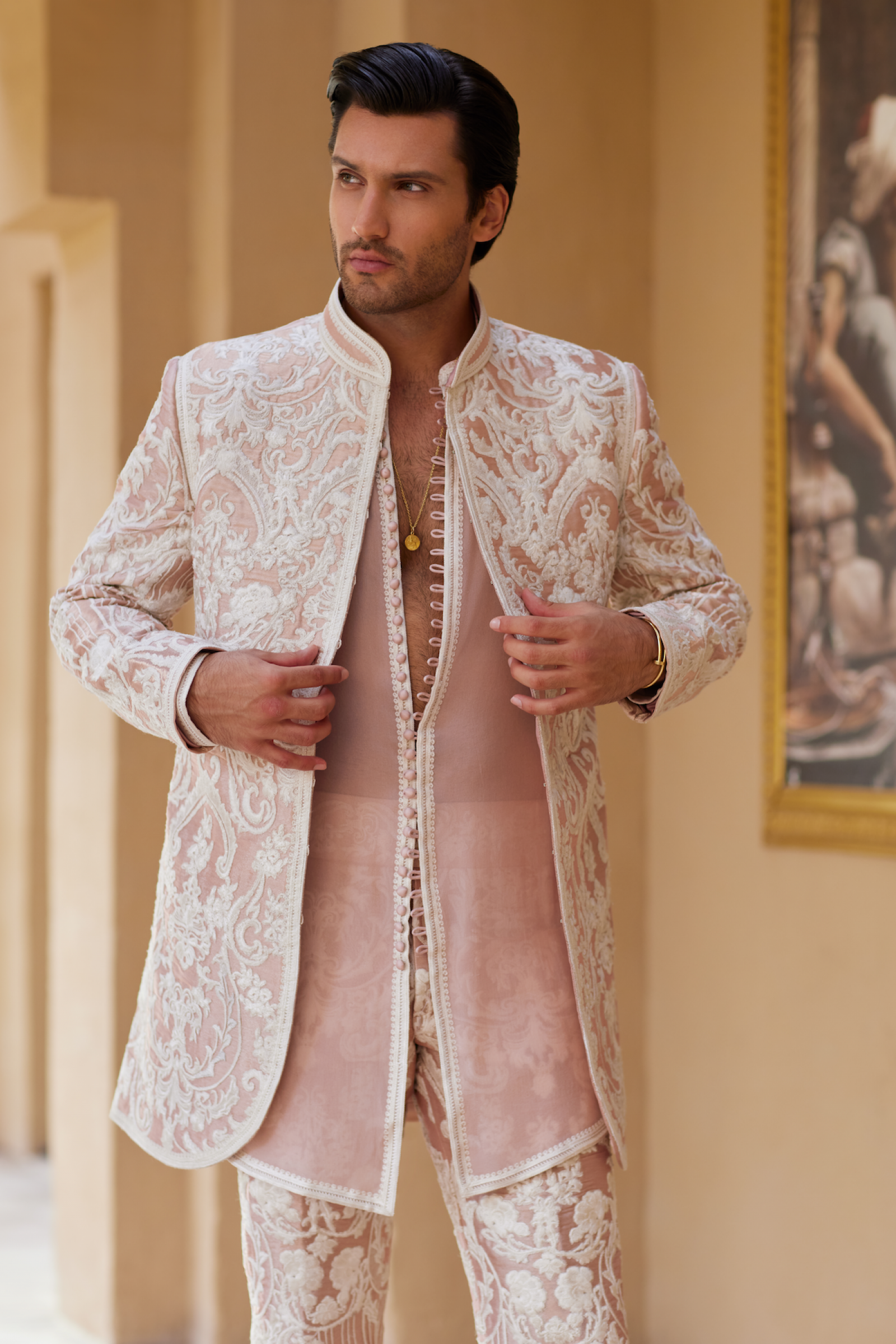 Blush Pink Embroidered Silk-Blend Sherwani (3-Piece) - Image 1