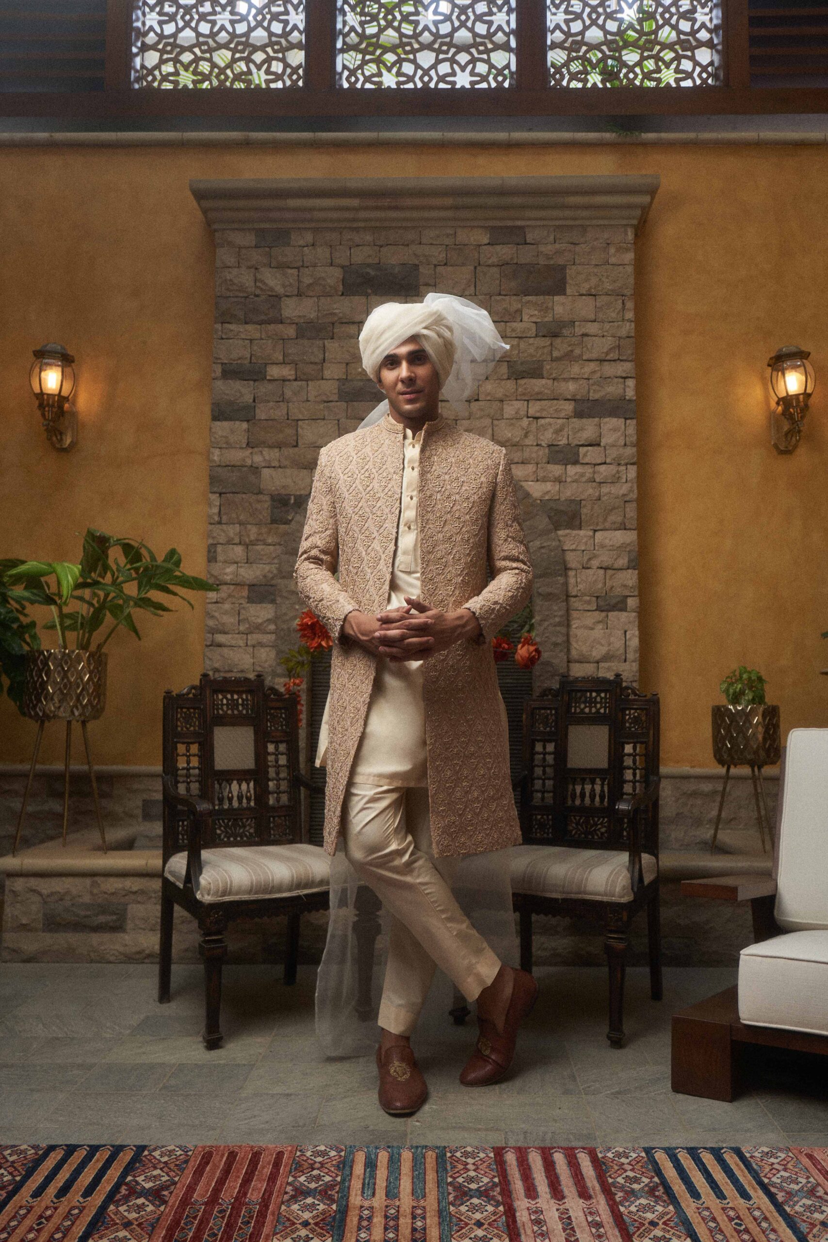 Muted Peach Embroidered Silk-Blend Sherwani (3-Piece) - Image 1