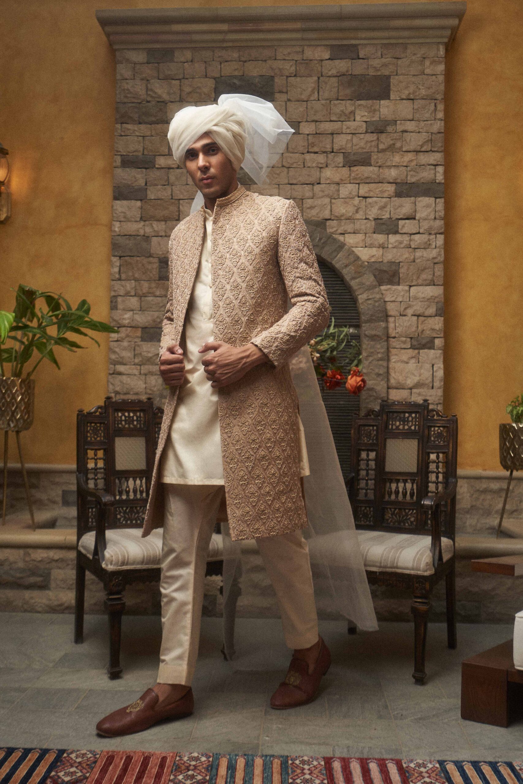 Muted Peach Embroidered Silk-Blend Sherwani (3-Piece) - Image 2