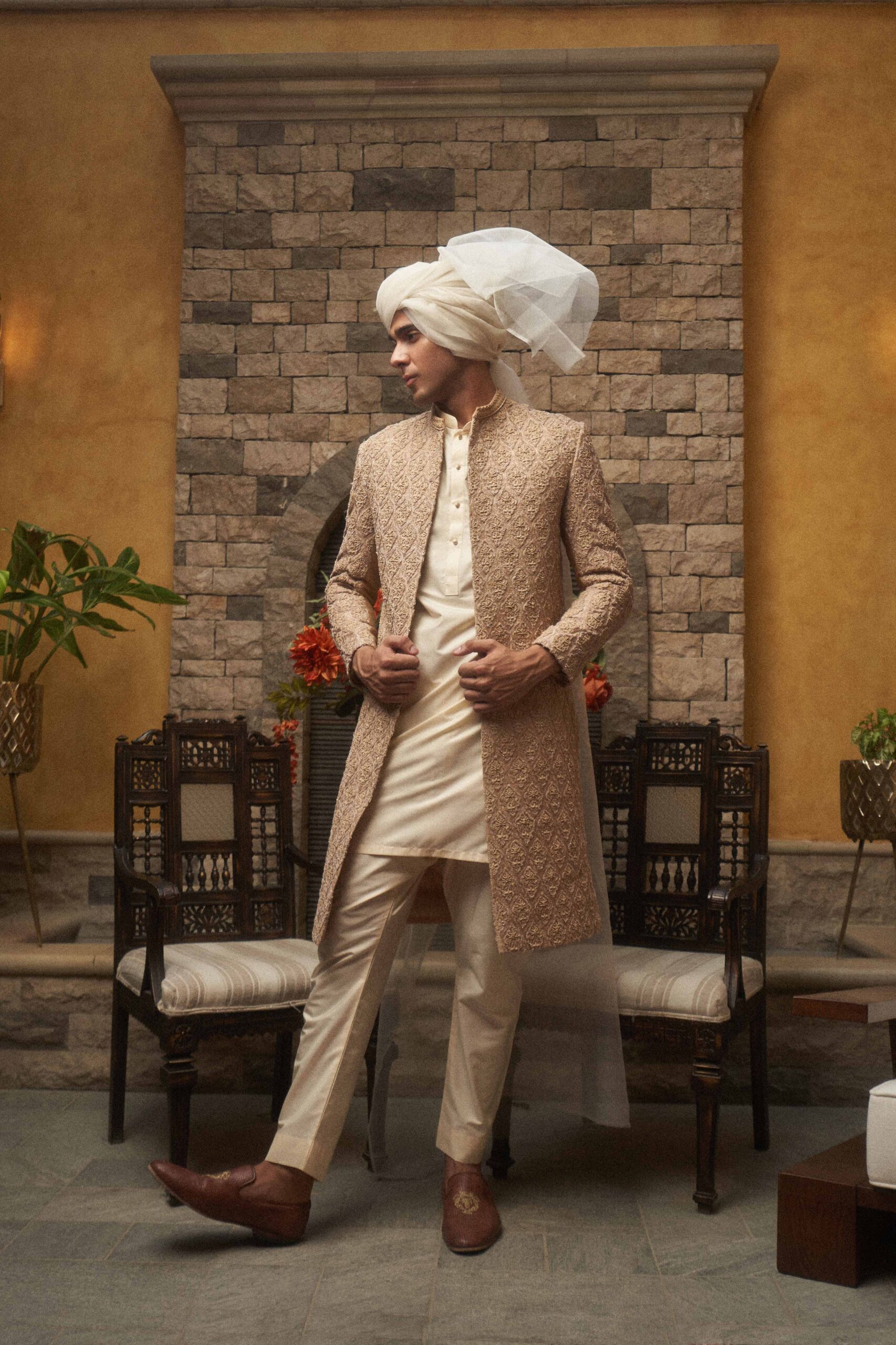 Muted Peach Embroidered Silk-Blend Sherwani (3-Piece) - Image 3
