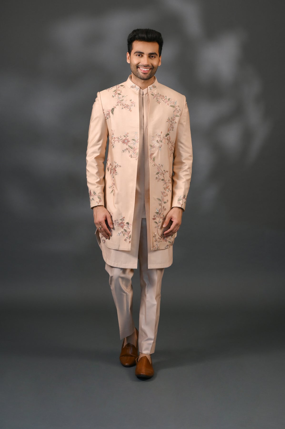 Peach Floral & Mirror Embroidered Silk Sherwani (3-Piece) - Image 1