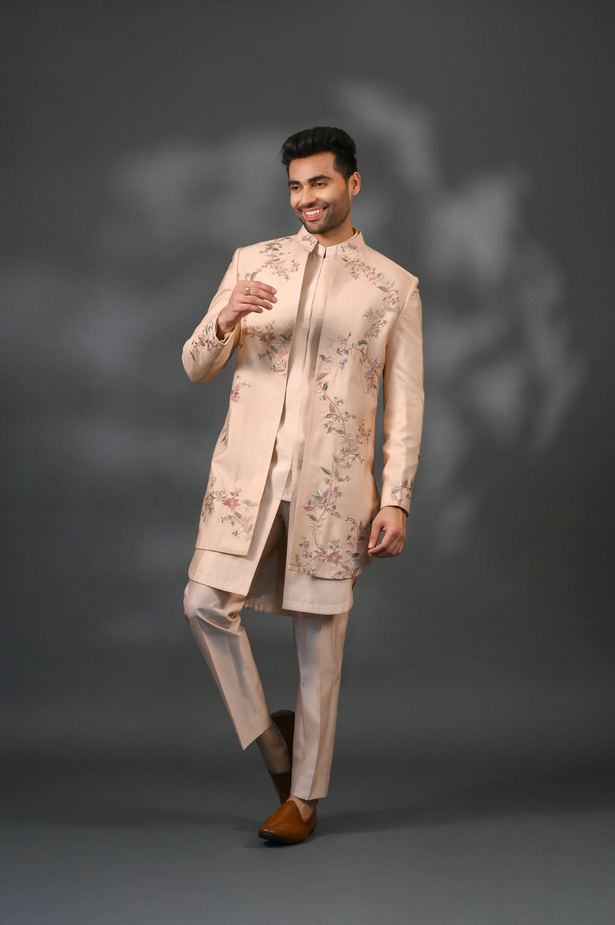 Peach Floral & Mirror Embroidered Silk Sherwani (3-Piece) - Image 2