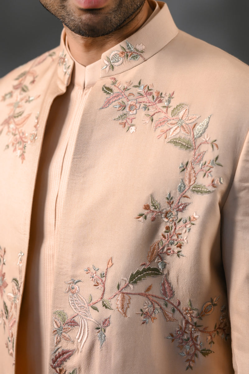 Peach Floral & Mirror Embroidered Silk Sherwani (3-Piece) - Image 3
