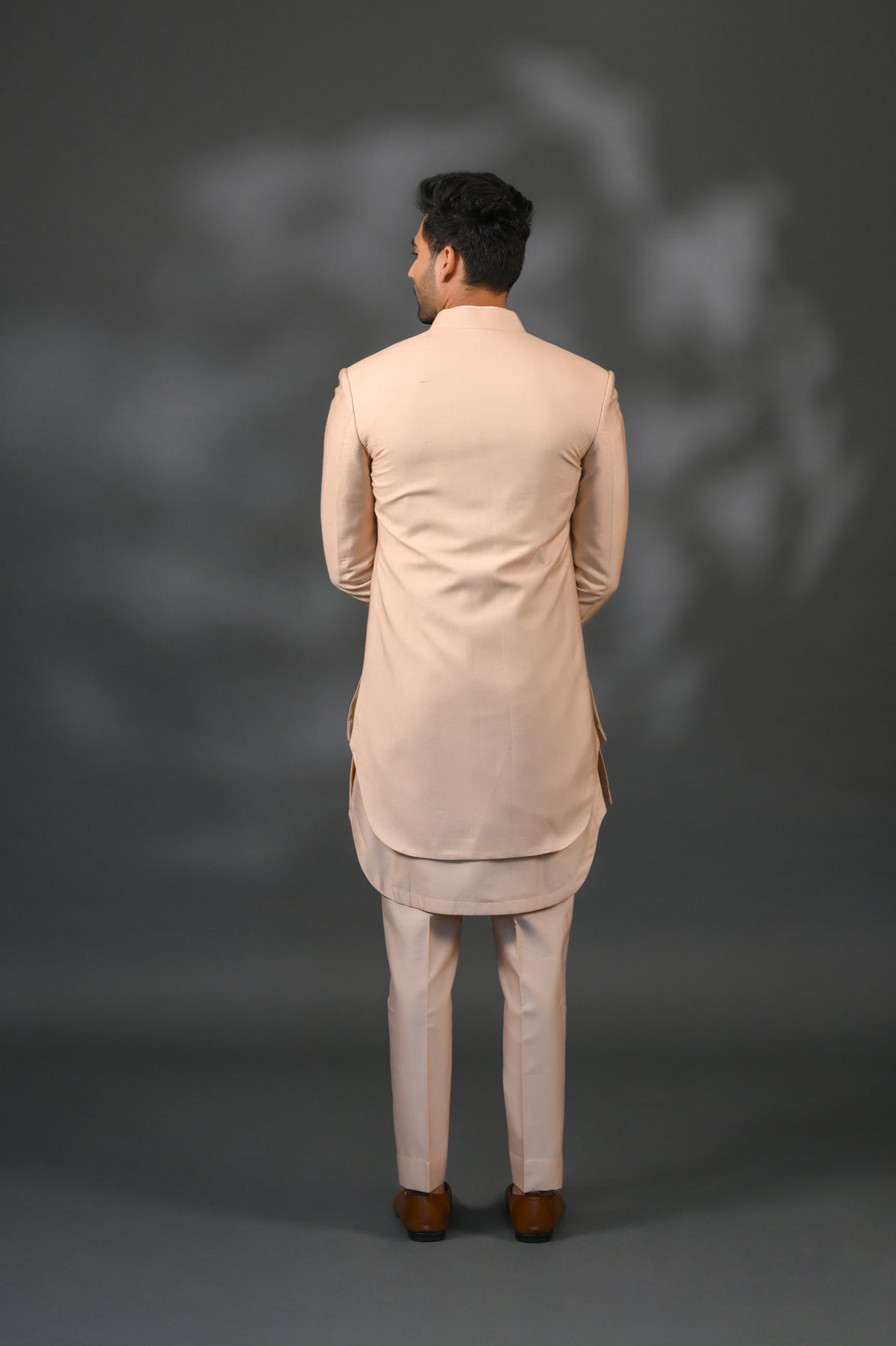 Peach Floral & Mirror Embroidered Silk Sherwani (3-Piece) - Image 4