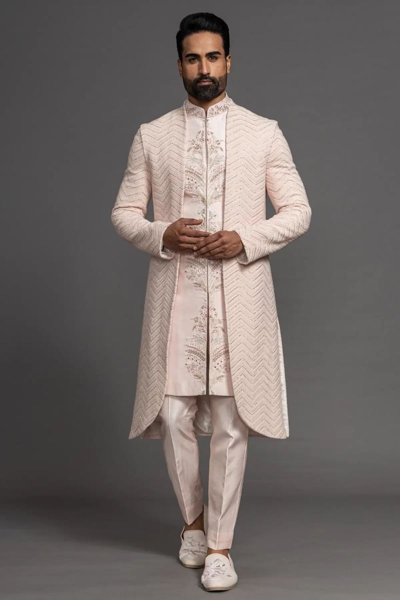 Pastel Pink Embroidered Silk Indo-Western Sherwani (2-Piece) - Image 1