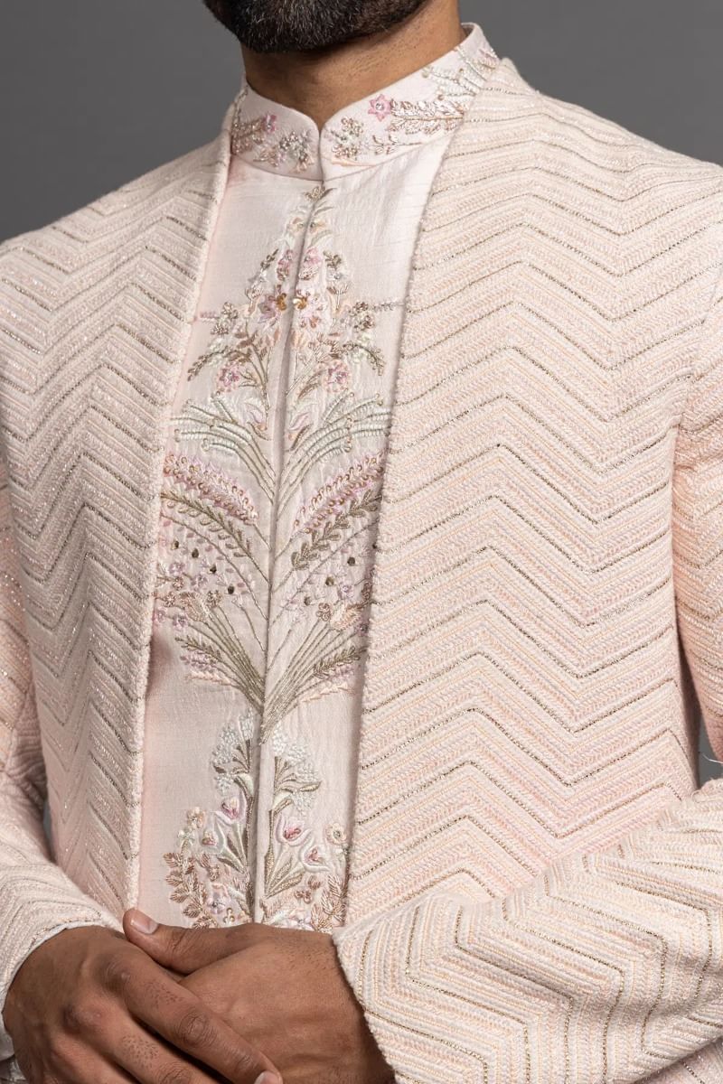 Pastel Pink Embroidered Silk Indo-Western Sherwani (2-Piece) - Image 2