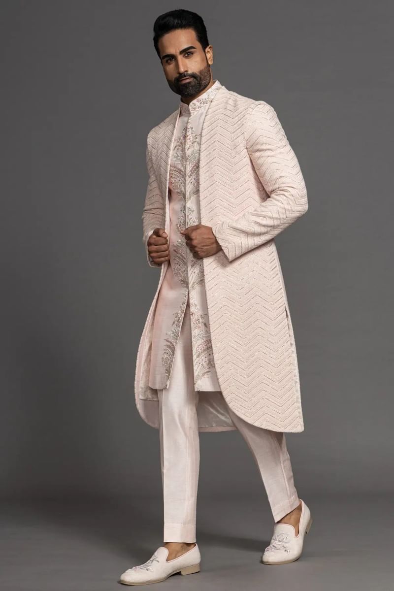 Pastel Pink Embroidered Silk Indo-Western Sherwani (2-Piece) - Image 3