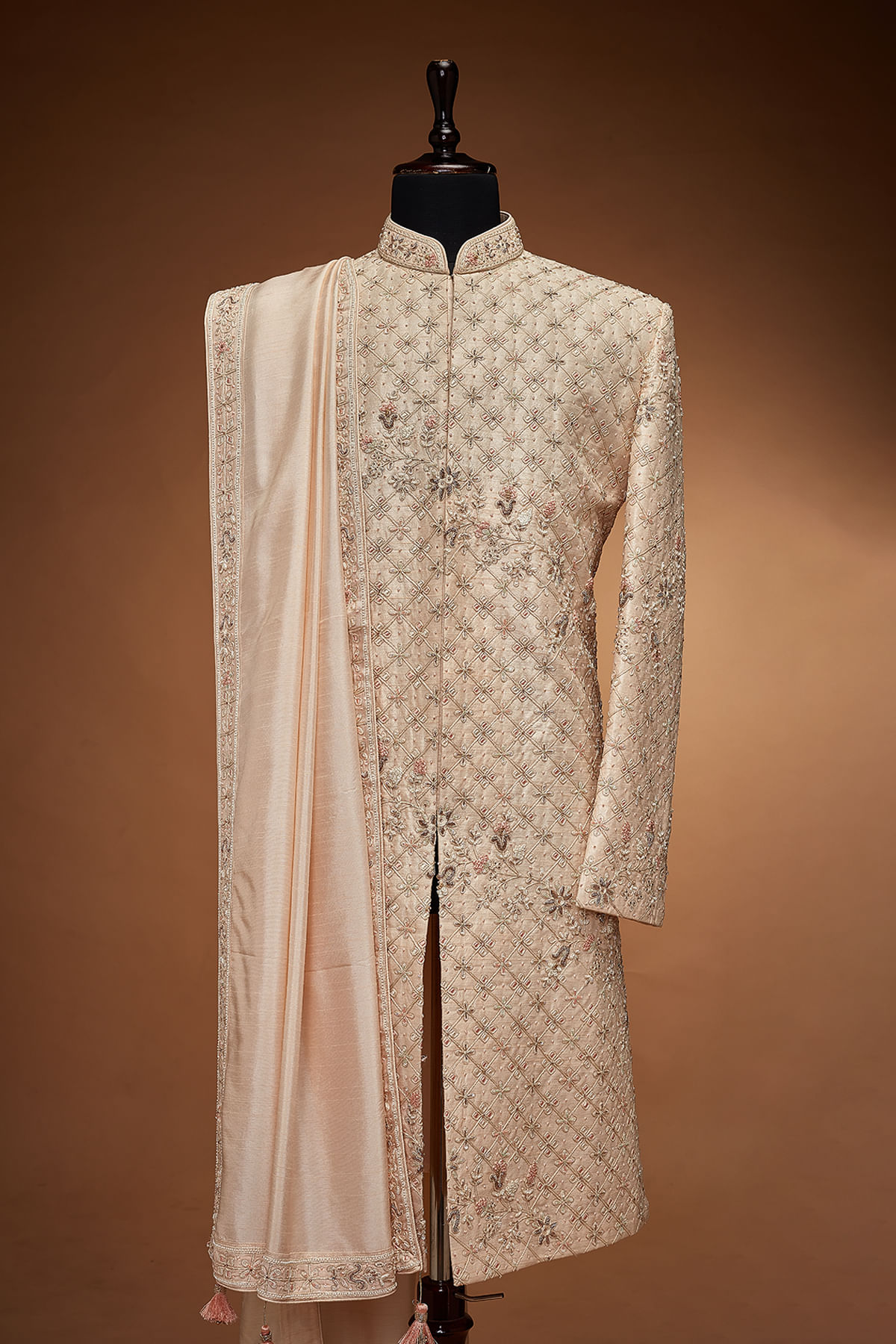 Peach Embroidered Silk IndoWestern Sherwani (2-Piece) - Image 1