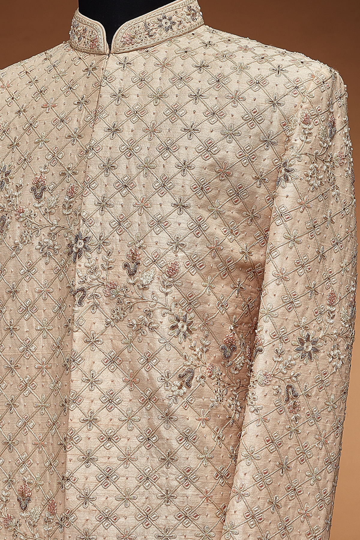 Peach Embroidered Silk IndoWestern Sherwani (2-Piece) - Image 2