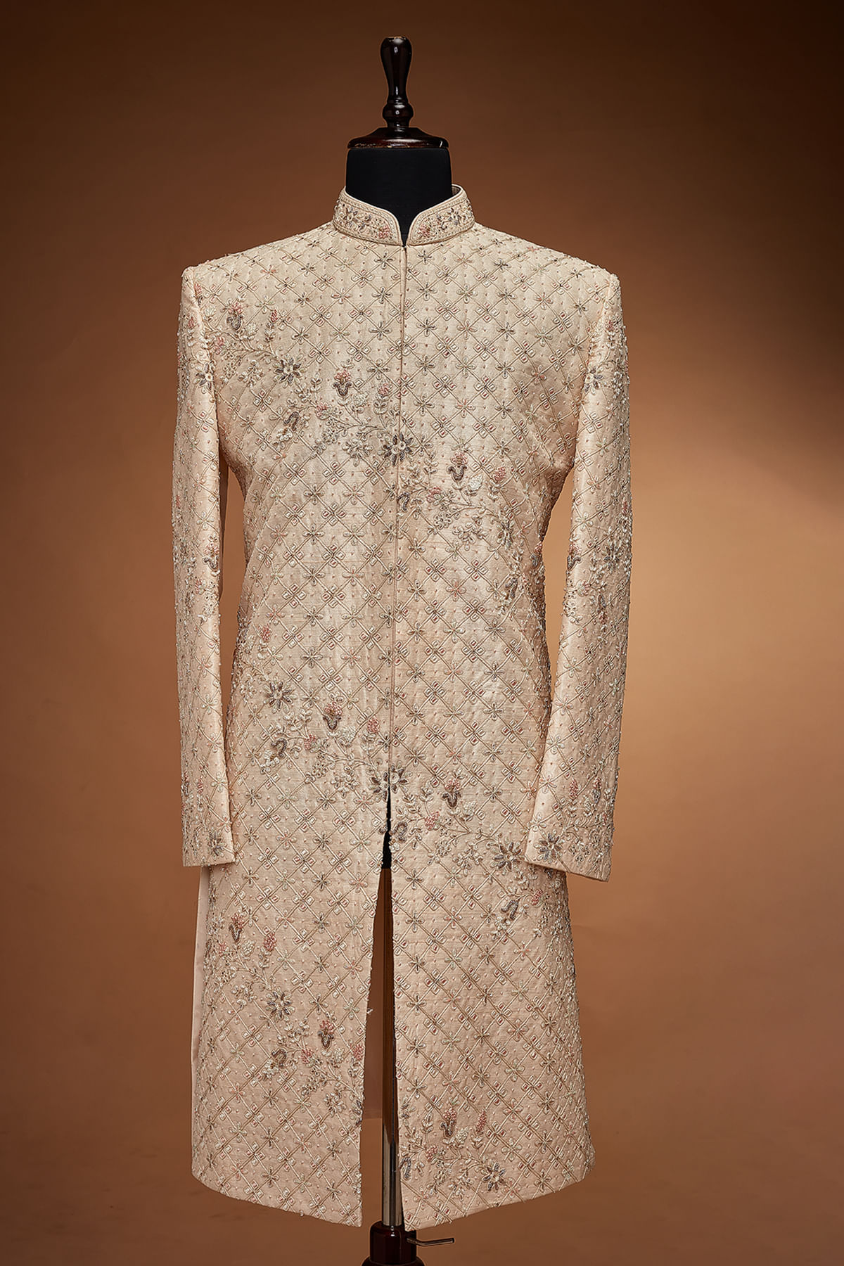 Peach Embroidered Silk IndoWestern Sherwani (2-Piece) - Image 3