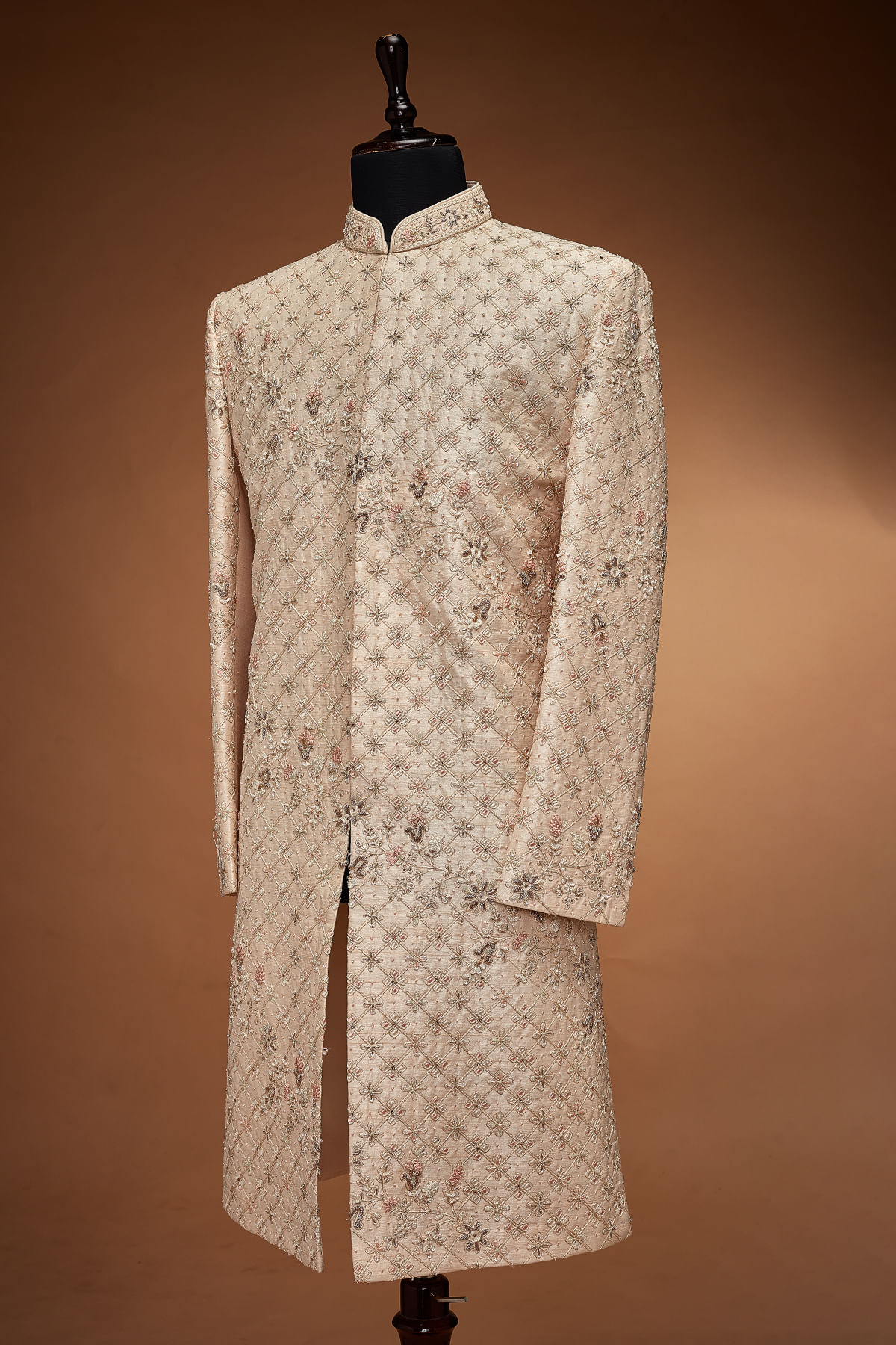 Peach Embroidered Silk IndoWestern Sherwani (2-Piece) - Image 4