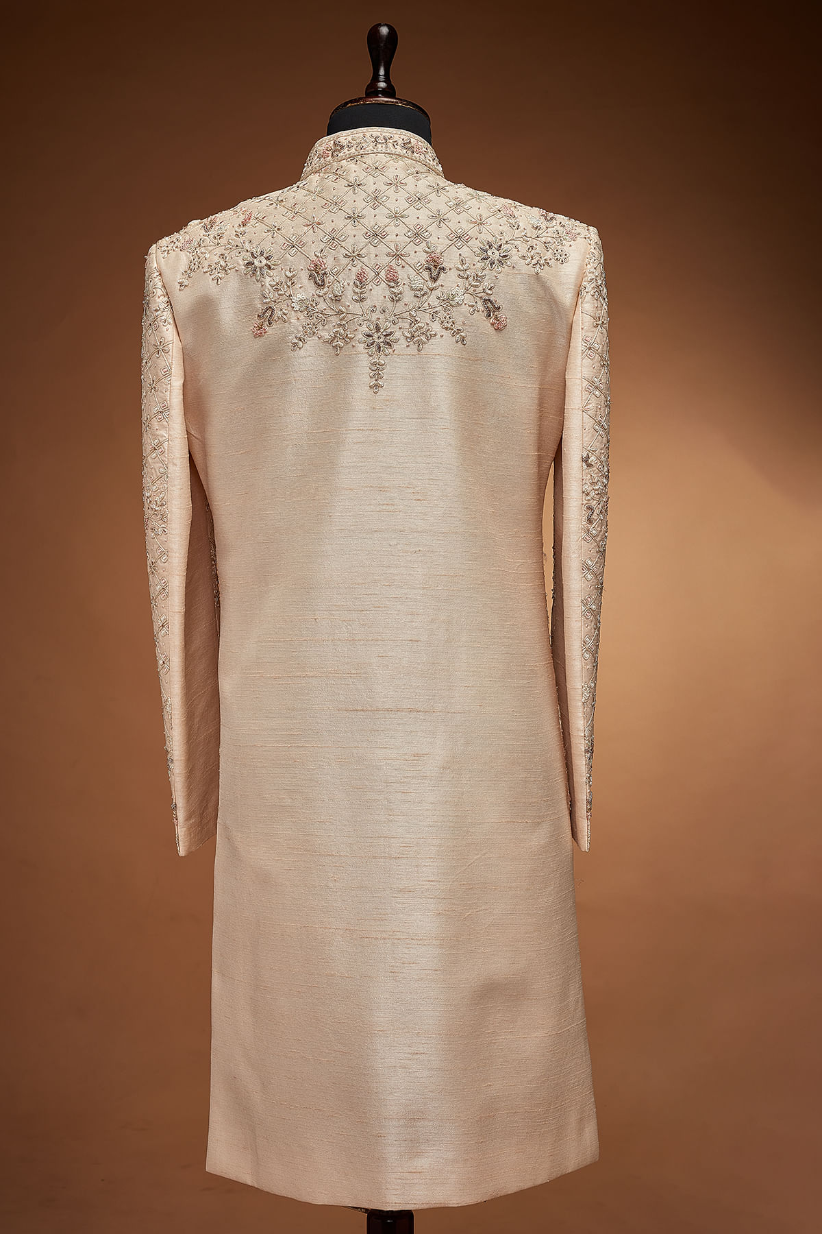 Peach Embroidered Silk IndoWestern Sherwani (2-Piece) - Image 5