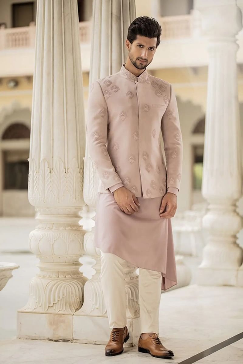 Blush Pink Resham Embroidered Suede Sherwani (3-Piece) - Image 1