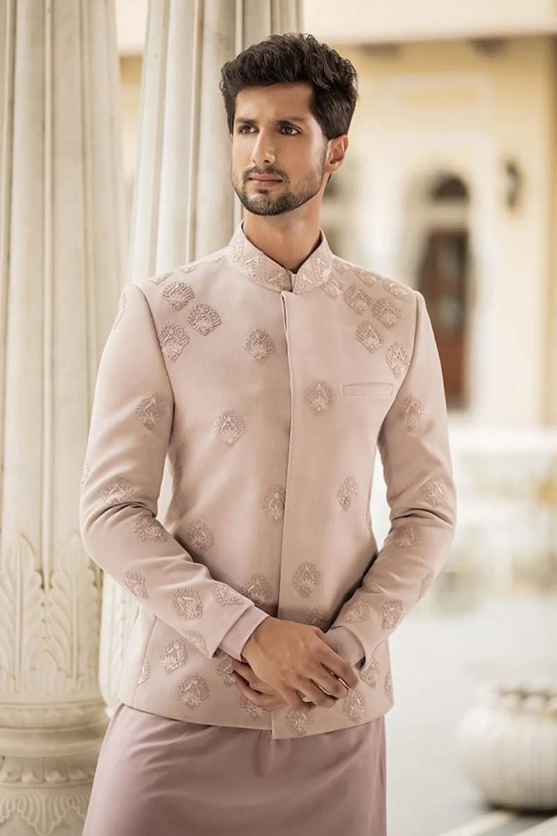 Blush Pink Resham Embroidered Suede Sherwani (3-Piece) - Image 2