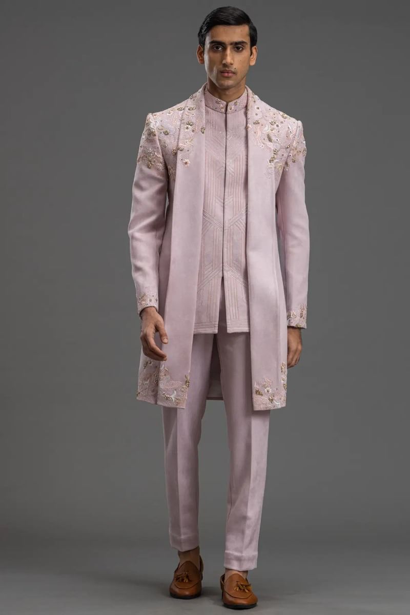 Pastel Mauve Pink Suede Embroidered Indo-Western Sherwani (2-Piece) - Image 1